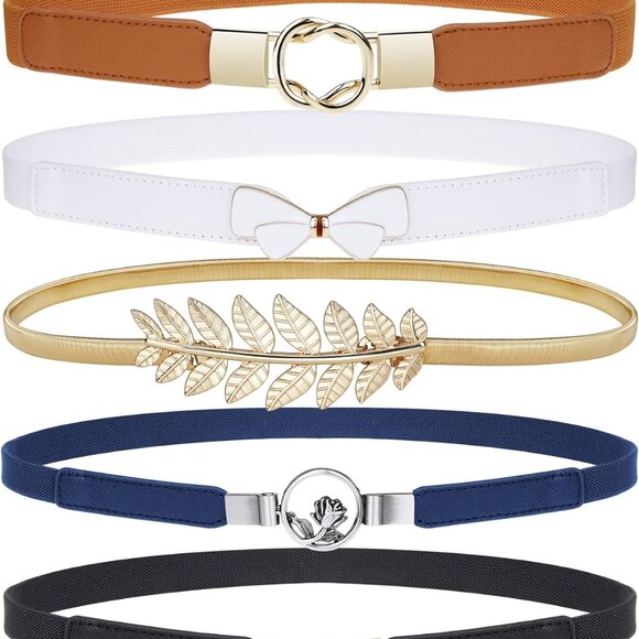 Skinny Belts for Women 5 Pack - Various Colors & Unique Buckle Designs - Picture 1 of 6